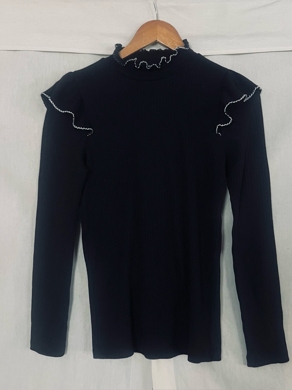 LOFT Black Pointelle Ruffle Ribbed Top - Picture 3 of 7